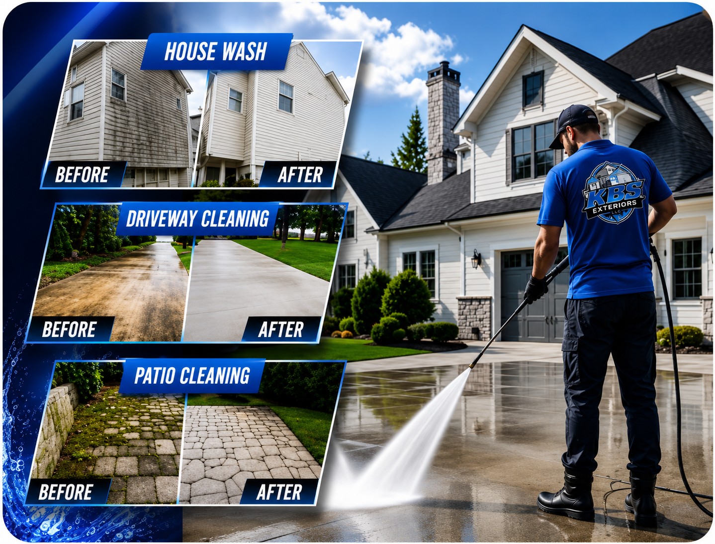 Before and after results for house washing, driveway cleaning and patio cleaning by KBS Exteriors